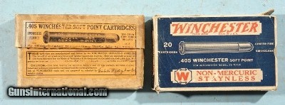 TWO BOXES (20 EA.) EARLY WINCHESTER .405 WIN. CARTRIDGES OR AMMUNITION (AMMO) CIRCA EARLY 1900’S.