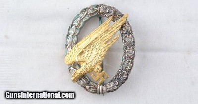 WW2 GERMAN LUFTWAFFE FALLSCHIRMJAGER PARATROOPER BADGE MAKER STAMPED C.E. JUNKER OF BERLIN SW.