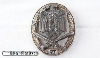 WW2 GERMAN NAZI GRADE THREE 50 ENGAGEMENT GENERAL ASSAULT BADGE.