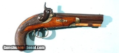 BRITISH MANUFACTURED HENRY DERINGER STYLE PERCUSSION SILVER MOUNTED PISTOL FOR THE AMERICAN MARKET BY RICHARD HOLLIS & SONS CA. 1840’S-50’s.