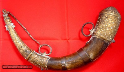 EARLY AND ORNATE MOROCCAN MIQUELET LOCK MUSKET POWDER HORN CIRCA LATE 1700’S.