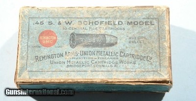 VINTAGE BOX (50) REMINGTON U.M.C. .45 S&W SCHOFIELD CARTRIDGES OR AMMUNITION AMMO CA. 1912-15.
