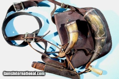 EXCEPTIONAL SOUTHERN LONGRIFLE HUNTING BAG W/ PAIR OF ENGRAVED SILVER MOUNTED POWDER HORNS DATED 1919.