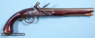 REVOLUTIONARY WAR ERA NEW ENGLAND BRASS BARRELED FLINTLOCK OFFICER’S PISTOL ENGRAVED ON SIDE PLATE “WILLAM OBLINIS”.