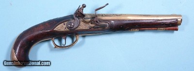 ORNATE REVOLUTIONARY WAR ERA GERMAN FLINTLOCK BRASS BARREL OFFICER’S PISTOL CIRCA 1760’S-70’S.