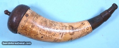 FRENCH & INDIAN WAR AMERICAN “FOLKY ARTIST” CARVED POWDER HORN OR POWDERHORN DATED 1759.