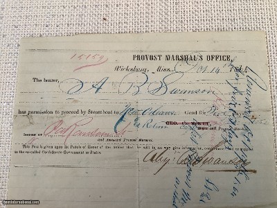 Civil War Union Travel Permit Vicksburg to New Orleans Oct. 14, 1864.