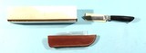 29332- BARK RIVER WHITETAIL SERIES 4” BLACK MICARTA USA MADE SKINNING KNIFE W/LEATHER SHEATH NEW IN BOX CA. 1990’S.