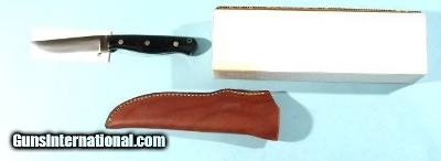 BARK RIVER MONTANA GUIDE 4” BLACK CANVAS MICARTA / MOSAIC PIN SKINNING KNIFE W/LEATHER SHEATH NEW IN ORIG BOX CA. 1990’S.
