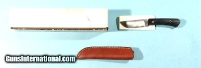 29334- BARK RIVER WOODLAND SPECIAL 3 1/4” BLACK CANVAS MICARTA USA MADE SKINNING KNIFE W/LEATHER SHEATH IN ORIG. BOX CA. 1990’S.