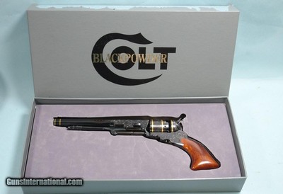 RARE COLT BLACK POWDER 2ND GENERATION ENGRAVED & GOLD BANDED NO. 5 TEXAS PATERSON REVOLVER NEW IN ORIG. FACTORY BOX.