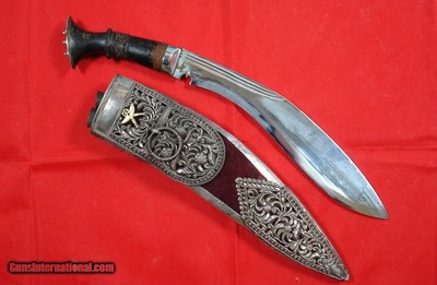KOREAN WAR ERA INDIAN ARMY 99TH GURKHA REGIMENT PRESENTATION ORNATE SILVER MOUNTED KUKRI KNIFE AND SCABBARD.
