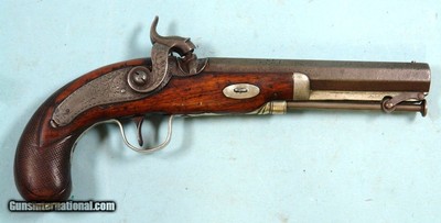 32673-BRITISH BIRMINGHAM SILVER MOUNTED DERINGER STYLE PERCUSSION BELT PISTOL SIGNED VAN WART & SON & CO. CA. 1840’S-50’s.