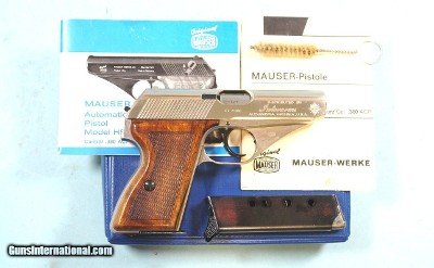 32855- INTERARMS GERMAN MAUSER-WERKE MODEL HSC NICKEL .380 CAL. SEMI-AUTO PISTOL CIRCA 1984 NEW IN BOX W/MANUAL, TEST TARGET & EXTRA MAG.