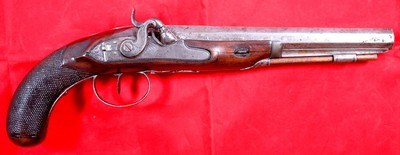 NAPOLEONIC WARS PENINSULA CAMPAIGN BRITISH GEORGE III PERCUSSION CONVERSION DUELING PISTOL BY WILLIAM JOVER OF LONDON CIRCA 1790’S.