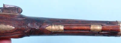 ORNATE REVOLUTIONARY WAR ERA GERMAN FLINTLOCK BRASS BARREL OFFICER’S PISTOL CIRCA 1760’S-70’S. - Image 10 of 11