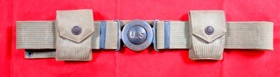 SCARCE WW1 WWI MILLS U.S. MODEL 1910 ARMY OFFICER’S GARRISON WEB PISTOL BELT W/U.S. BUCKLE & CARTRIDGE POUCHES. - Image 1 of 7
