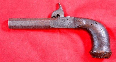 FRENCH PERCUSSION .45 CAL. DAMASCUS BOX LOCK RETRACTING TRIGGER POCKET PISTOL CIRCA 1840’S. - Image 2 of 4