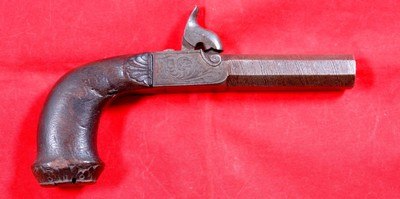 FRENCH PERCUSSION .45 CAL. DAMASCUS BOX LOCK RETRACTING TRIGGER POCKET PISTOL CIRCA 1840’S. - Image 1 of 4