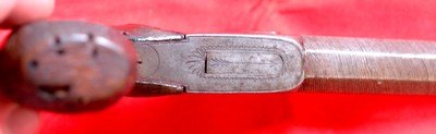 FRENCH PERCUSSION .45 CAL. DAMASCUS BOX LOCK RETRACTING TRIGGER POCKET PISTOL CIRCA 1840’S. - Image 4 of 4