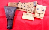 WW1 WWI WWII WW2 2 U.S. MODEL 1916 OFFICER’S HOLSTER FOR 1911 OR 1911-A1 , WEB BELT, MAG POUCH, 2 ORIG. WW2 MAGS & WEB MED POUCH. - Image 1 of 6