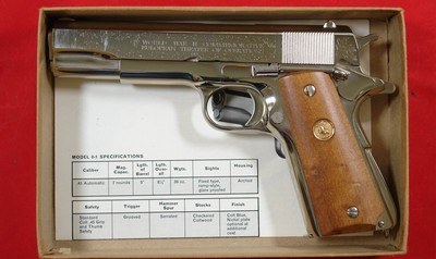 COLT U.S. MODEL 1911 A1 WW2 WWII EUROPEAN THEATER OF OPERATIONS COMMEMORATIVE 25TH ANNIVERSARY NICKEL .45 ACP CAL. PISTOL. - Image 2 of 3