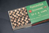 emington, Kleanbore, .22 C.B. Caps, RHWeb: REM-12 CB-2 Full, 1pc. Green white & red box, box is solid with excellent color, some age soiling, stain on - 3 of 3