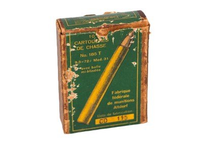Eidgenoessische Munitionsfabrik Altdorf Rifle Cartridges 9.3x72 - Partial Box of 7 Rounds - Image 1 of 4