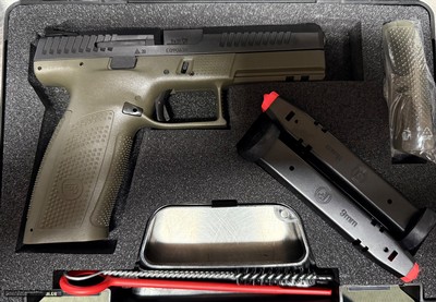 CZ P-10 F OD Green (low capacity), SKU: 01545, 9mm Luger, Magazine Capacity: 10+1, Frame: Fiber-reinforced polymer, Trigger Mech: Striker, Sight