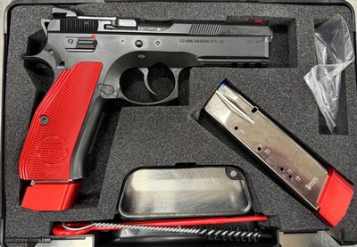CZ 75 SP-01 Competition Red, SKU: 91206, 9mm Luger, Magazine Capacity: 21, Magazine Type: Double Stack, Frame: Steel, Grips: Aluminum, Trigger M