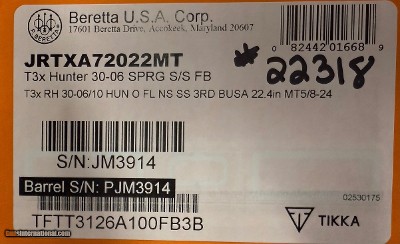 Tikka T3x Hunter 30-06SPRG 22.4” Threaded Barrel. New in box. #22318 JRTXA72022MT - Image 4 of 4