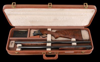 Truly exceptional all original J. Baerten engraved Browning Superposed Midas Grade 20ga Field Choked 2 brl set with case - Image 10 of 12