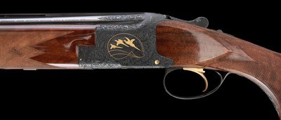 Truly exceptional all original J. Baerten engraved Browning Superposed Midas Grade 20ga Field Choked 2 brl set with case - Image 2 of 12