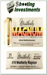 Weatherby 416 Wthy Magnum factory ammo 400 Grain A-Square Monolithic - 1 of 1