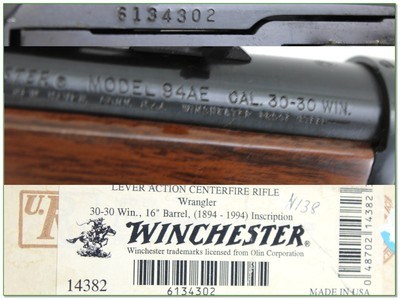 Winchester Model 94AE 30-30 16” Wrangler 100th Year Anniversary LNIB 1994 Rare - Image 4 of 4