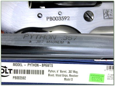 Colt Python 357 Mag 6” Blued Revolver w Holster, Grips, and Sights LNIB - Image 4 of 4