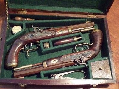 Antique Recreated Blackpowder.50 cal. English Gentleman`s ca.1845 Dueling Pistol Cased Set - Image 1 of 8