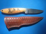 Custom Bird & Trout Knife by Robert Earl Barber Ivory Scrimshaw w/sheath - 1 of 16