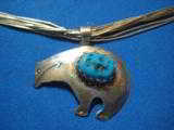 Sterling Navajo Necklace w/Bear Fetish and Robin Egg Blue Turquoise Signed "RB" - 1 of 8