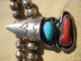 Navajo Sawtooth Squash Blossom Necklace, Bracelet & Earings Signed "RHY" Turquoise & Red Coral - 13 of 15