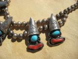 Navajo Sawtooth Squash Blossom Necklace, Bracelet & Earings Signed "RHY" Turquoise & Red Coral - 3 of 15