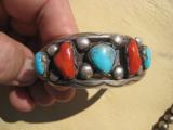 Navajo Sawtooth Squash Blossom Necklace, Bracelet & Earings Signed "RHY" Turquoise & Red Coral - 11 of 15