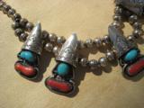 Navajo Sawtooth Squash Blossom Necklace, Bracelet & Earings Signed "RHY" Turquoise & Red Coral - 2 of 15