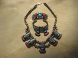 Navajo Sawtooth Squash Blossom Necklace, Bracelet & Earings Signed "RHY" Turquoise & Red Coral