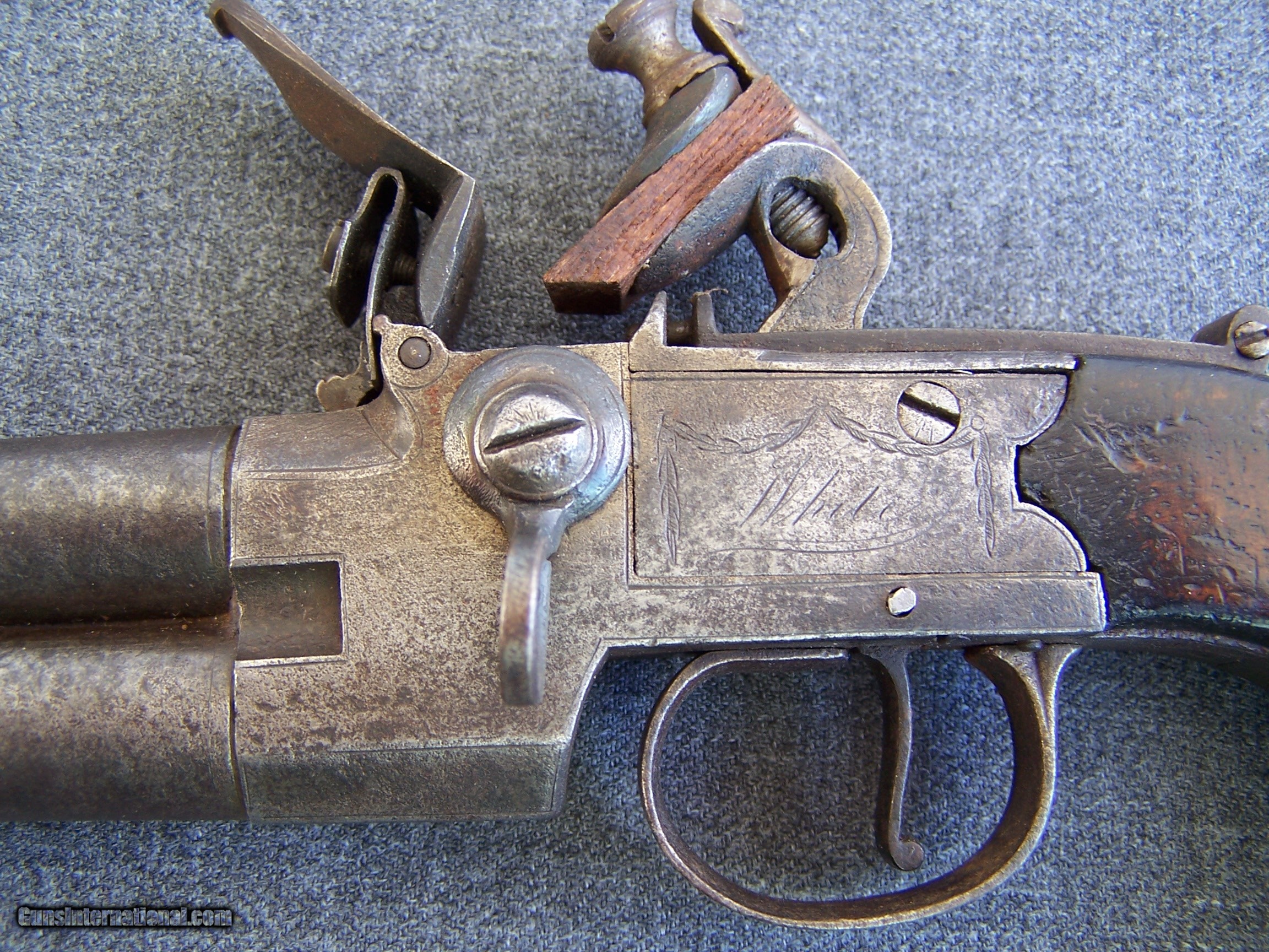 British Flintlock Over/ under double barreled pistol ...