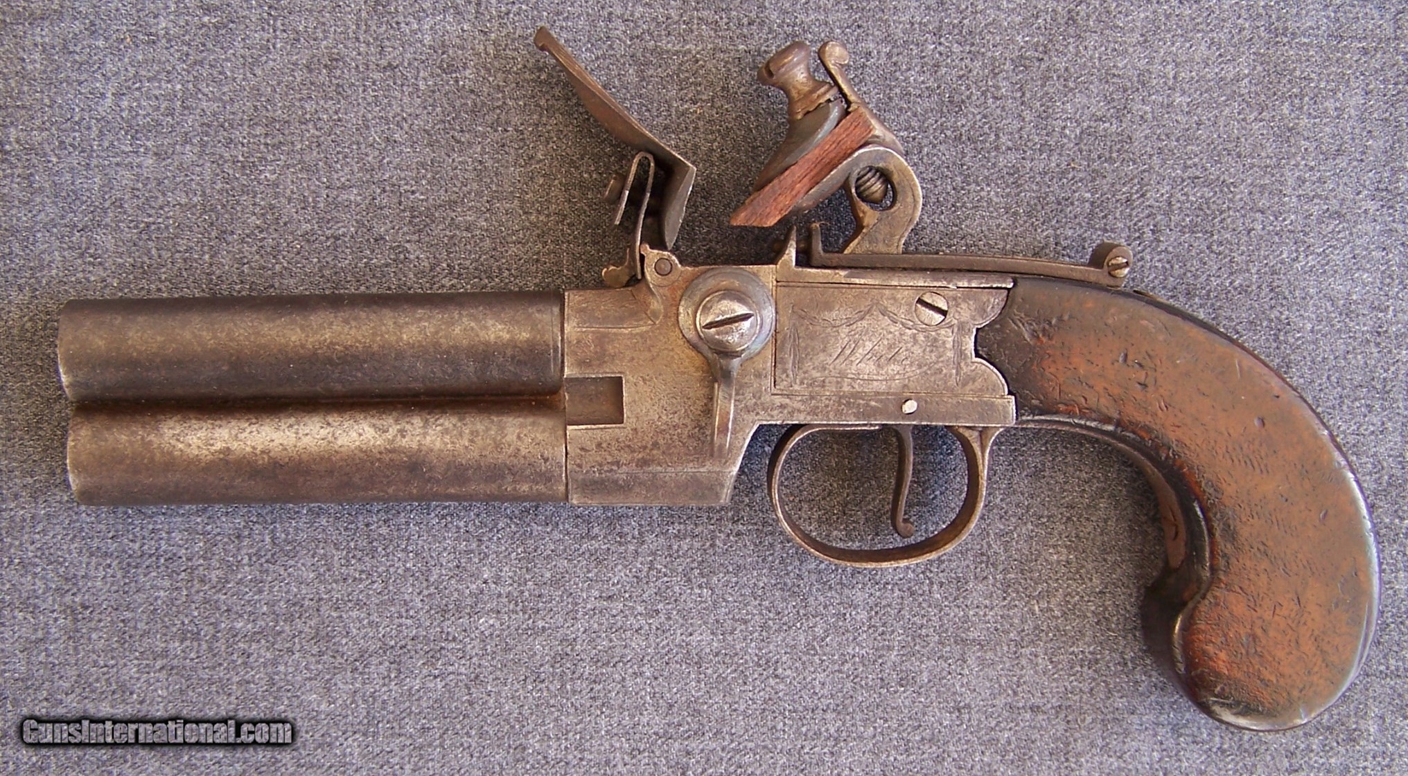 British Flintlock Over/ under double barreled pistol ...
