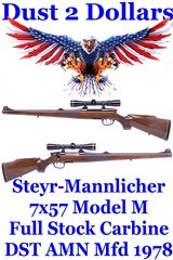 PRISTINE Steyr Mannlicher Model M Full Stock Carbine Chambered in the Classic 7x57 CaliberAMN DST Leupold Scope Mfd 1978 - 1 of 19