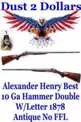 RARE Alexander Henry Best 10 Gauge Double Shotgun with Hammers Damascus Barrels 1878 W/Letter - 1 of 19
