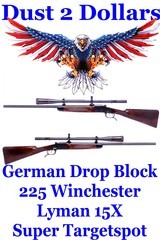 Gorgeous German Falling Block Single Shot Rifle in .225 Winchester with a Lyman Super Targetspot 16x Scope - 1 of 18
