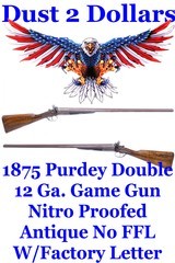 1872 J Purdey Toplever Island Lock Hammer 12 Ga Double Game Gun with Factory Letter Nitro Proofed - 1 of 20